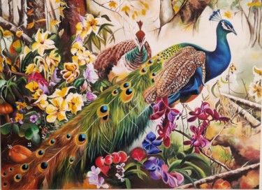 Peinture intitulée "Birds of Heaven" par Geetu Thakur, Œuvre d'art originale, Huile