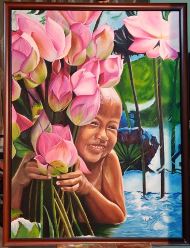 Painting titled "Happiness" by Geetu Thakur, Original Artwork, Oil Mounted on Wood Stretcher frame