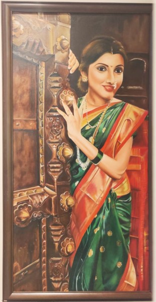 Pittura intitolato "Lady on the Door" da Geetu Thakur, Opera d'arte originale, Olio