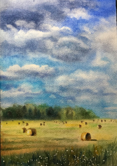 Картина под названием "Field with hay bales" - Kseniia Tikhomirova, Подлинное произведение искусства, Акварель