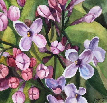 Картина под названием "Lilac flowers close…" - Kseniia Tikhomirova, Подлинное произведение искусства, Акварель
