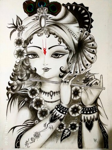Картина под названием "Lord Krishna Charco…" - Kuldeep Mishra, Подлинное произведение искусства, Древесный уголь