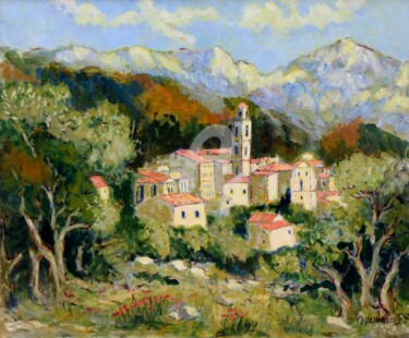 Painting titled "VILLAGE CORSE  MONT…" by Kulhaneck, Original Artwork, Oil