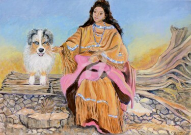 Peinture intitulée "INDIENNE ET SON CHI…" par Kulhaneck, Œuvre d'art originale, Huile