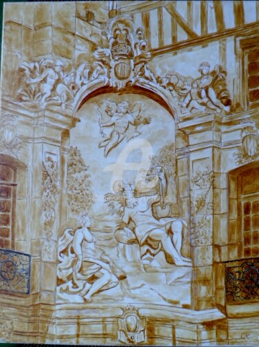 Peinture intitulée "Fontaine Rouen" par Kulhaneck, Œuvre d'art originale, Encre