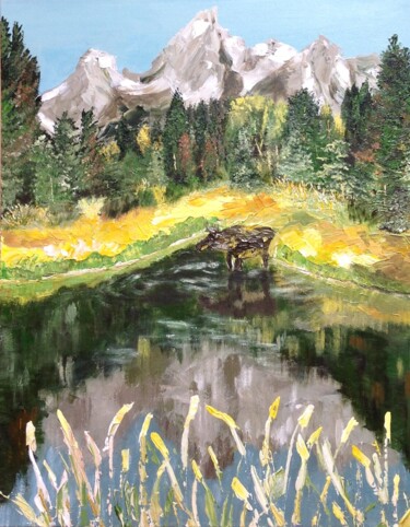 Painting titled "Лесное озеро" by Nadya Kulikova, Original Artwork, Acrylic