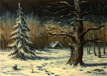 Картина под названием "Зимняя ночь" - Николай Кулыгин, Подлинное произведение искусства, Масло