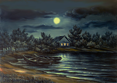 Картина под названием "Ночь на реке" - Николай Кулыгин, Подлинное произведение искусства, Масло