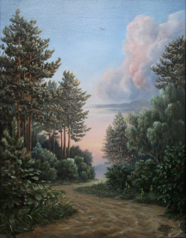 Peinture intitulée "Дорога на закат" par Nikolai Kulygin, Œuvre d'art originale, Huile
