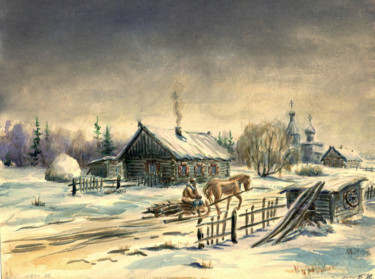 Картина под названием "Деревня. Начало зимы" - Николай Кулыгин, Подлинное произведение искусства, Акварель