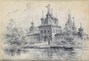 Рисунок под названием "Иверский монастырь…" - Николай Кулыгин, Подлинное произведение искусства, Карандаш
