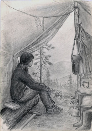 Drawing titled "Задождило" by Nikolai Kulygin, Original Artwork, Pencil