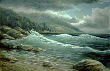 Картина под названием "Над побережьем дождь" - Николай Кулыгин, Подлинное произведение искусства, Масло
