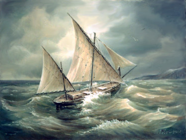 Картина под названием "К родным берегам" - Николай Кулыгин, Подлинное произведение искусства, Масло