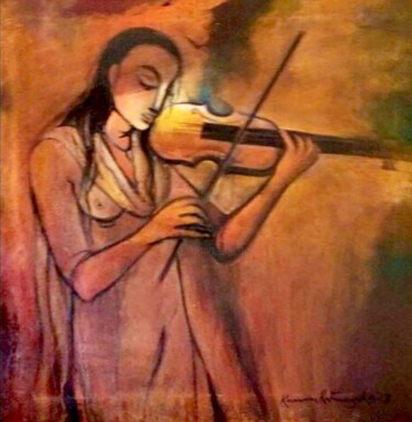 Painting titled "Young Violinist" by Kumara Rathnayaka, Original Artwork, Acrylic Mounted on Wood Stretcher frame