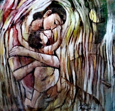 Malerei mit dem Titel "Child and Mother" von Kumara Rathnayaka, Original-Kunstwerk, Acryl Auf Keilrahmen aus Holz montiert