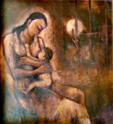 Картина под названием "Mother and Child" - Kumara Rathnayaka, Подлинное произведение искусства, Акрил Установлен на Деревянн…