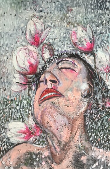 Painting titled "Raining Magnolias" by Kumi Muttu, Original Artwork, Acrylic