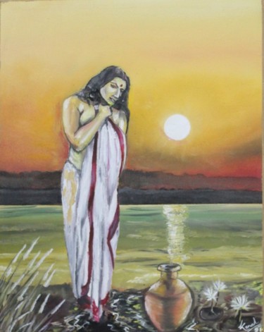 Malerei mit dem Titel "Lady after Bath" von Kunal Nandi, Original-Kunstwerk, Öl Auf Holzplatte montiert