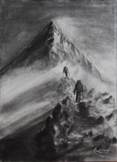 Zeichnungen mit dem Titel "Mountain climbers" von Kunal Nandi, Original-Kunstwerk, Kohle