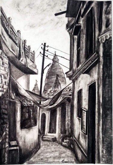 Рисунок под названием "Street of Banaras" - Kunal Nandi, Подлинное произведение искусства, Древесный уголь