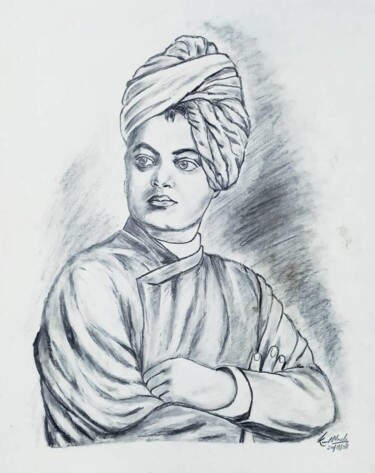 Zeichnungen mit dem Titel "Swami Vivekananda" von Kunal Nandi, Original-Kunstwerk, Bleistift