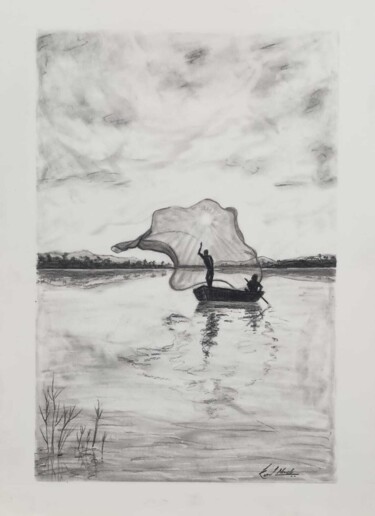 Dessin intitulée "FISHING AT DAWN" par Kunal Nandi, Œuvre d'art originale, Fusain