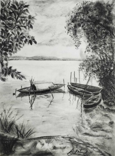 Dibujo titulada "Boats In Holy Ganga" por Kunal Nandi, Obra de arte original, Carbón