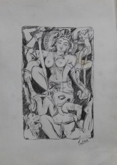 Dessin intitulée "Goddess Durga" par Kunal Nandi, Œuvre d'art originale, Crayon