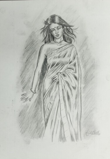 Dessin intitulée "Women in Saree" par Kunal Nandi, Œuvre d'art originale, Crayon