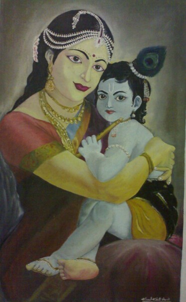 Pintura titulada "Yashoda and Krishna" por Kunal Nandi, Obra de arte original, Oleo
