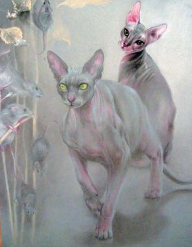 Картина под названием "кошки" - Rom, Подлинное произведение искусства