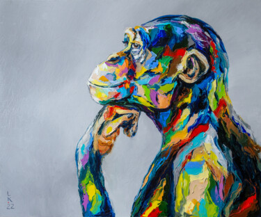 Painting titled "Dreaming chimp" by Liubov Kuptsova, Original Artwork, Oil Mounted on Wood Stretcher frame