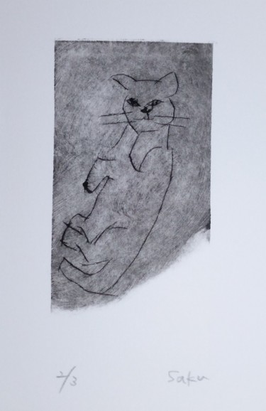 「neko(si)」というタイトルの製版 Saku Kuronashiによって, オリジナルのアートワーク, グワッシュ水彩画