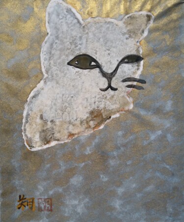 Painting titled "NIHONGA NEKO　TAMAMU…" by Saku Kuronashi, Original Artwork, Pigments