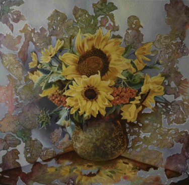 Картина под названием "Подсолнухи в вазе" - Виталий Курортный, Подлинное произведение искусства, Масло Установлен на Деревян…
