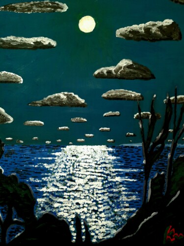 Schilderij getiteld "Midnight over Antib…" door Kurotory, Origineel Kunstwerk, Olie Gemonteerd op Frame voor houten brancard