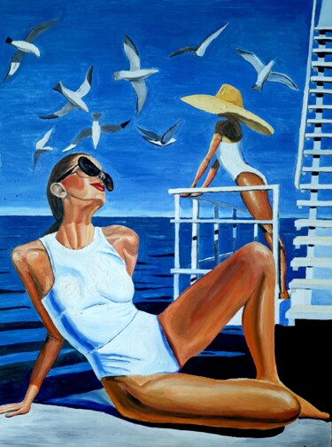Malarstwo zatytułowany „Enjoying the sun” autorstwa Kurotory, Oryginalna praca, Olej Zamontowany na Drewniana rama noszy