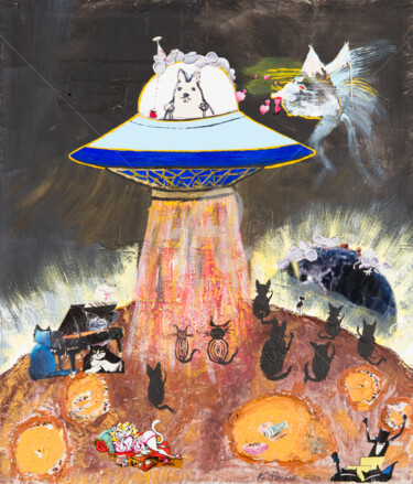 Malerei mit dem Titel "Planet der Katzen" von Kurt Manhart, Original-Kunstwerk, Acryl