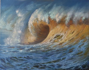 Картина под названием "Волна на закате" - Marina Kusraeva, Подлинное произведение искусства, Масло