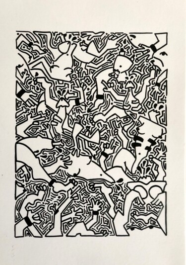 Dessin intitulée "Orgie en enfer" par Kust, Œuvre d'art originale, Marqueur