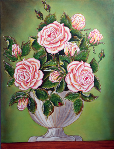 Painting titled "Розы в вазе" by Galina Kuzina, Original Artwork, Oil