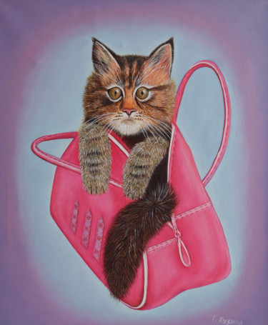 Картина под названием "Котёнок в сумке" - Галина Кузина, Подлинное произведение искусства, Масло