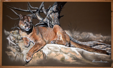 Desenho intitulada "Puma on vacation" por Anna Pershneva, Obras de arte originais, Pastel