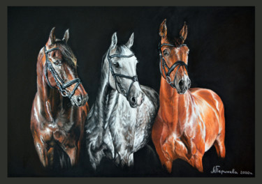 Disegno intitolato "mischievous horses" da Anna Pershneva, Opera d'arte originale, Pastello