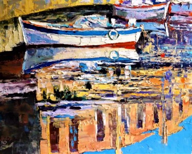 Painting titled "Вечер лодки отражен…" by Sergei Efremov, Original Artwork, Oil