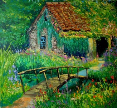Картина под названием "домик в саду" - Сергей Ефремов, Подлинное произведение искусства, Масло