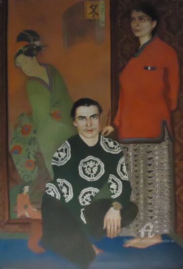 Painting titled ""Портрет на фоне яп…" by Vadim Kuznetsov, Original Artwork, Tempera