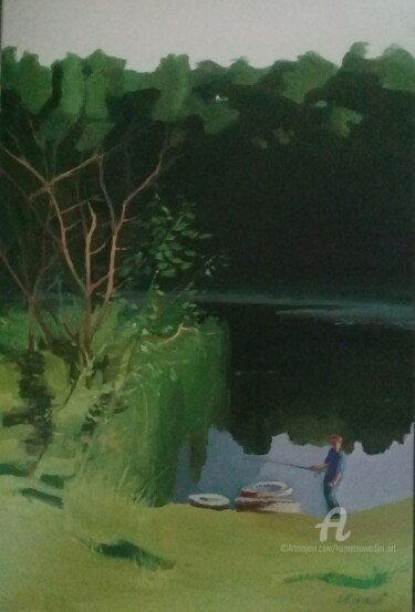 Картина под названием "Пейзаж с рыбачком" - Вадим Кузнецов, Подлинное произведение искусства, Масло