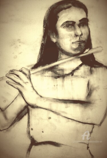 Картина под названием "Флейтистка" - Вадим Кузнецов, Подлинное произведение искусства, Древесный уголь